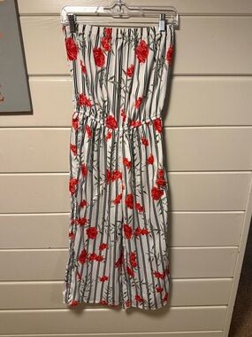 Blush Strapless White Jumpsuit with Red Floral Print